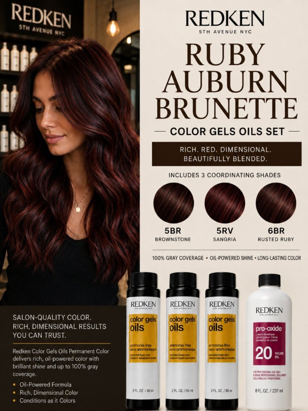 Redken Color Gels Oils Ruby Auburn Brunette Hair Color Kit + 20 Vol Developer